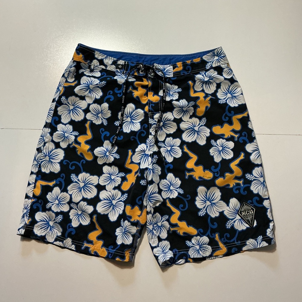 Vintage Y2K MCD More Core Division Hibiscus Flower AOP Surf Board Shorts